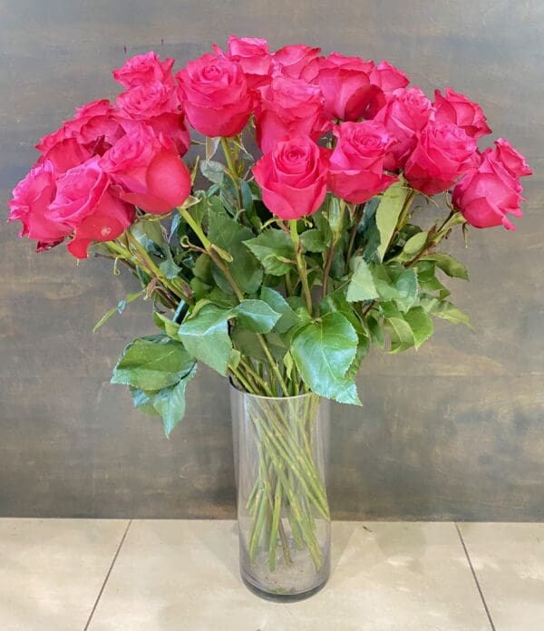 24 Premium Hot Pink Roses in Vase - Image 2