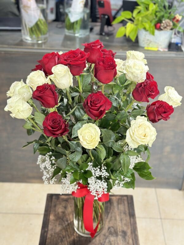 24 Red and White Roses Vase Arrangement - Image 3