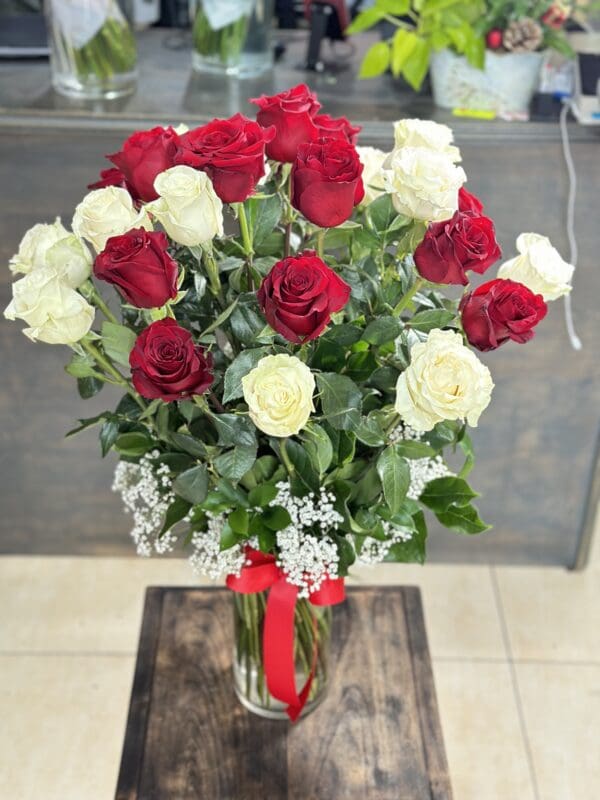 24 Red and White Roses Vase Arrangement - Image 2