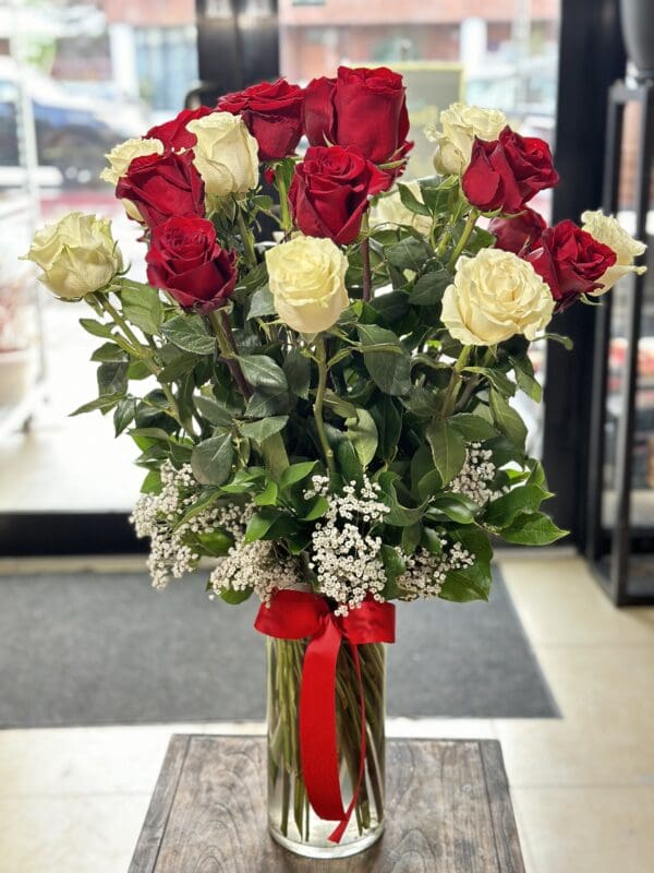 24 Red and White Roses Vase Arrangement