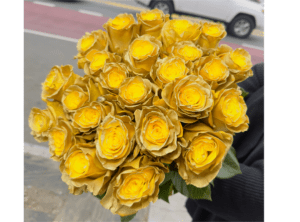 A bouquet of yellow roses held by a person, with selective color filtering to emphasize the flowers against a desaturated background.