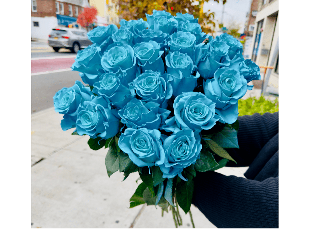 A bouquet of blue roses held against an urban backdrop.