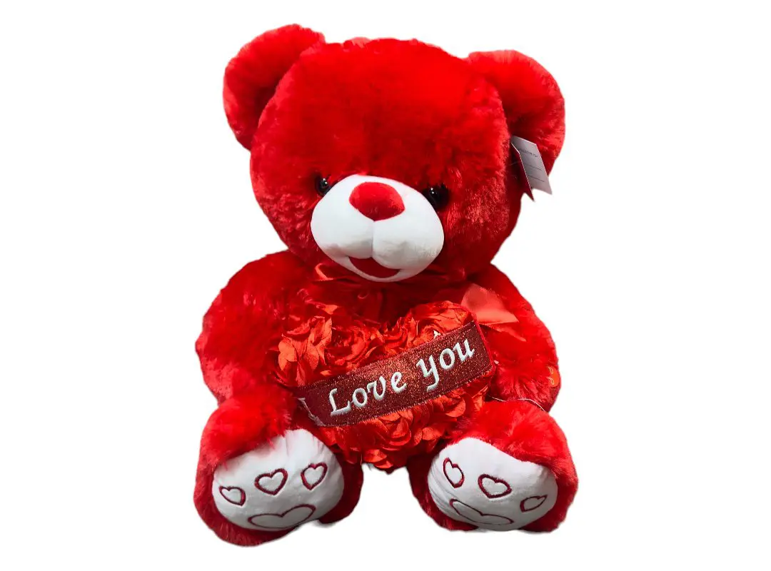 A red teddy bear with a "love you" heart.