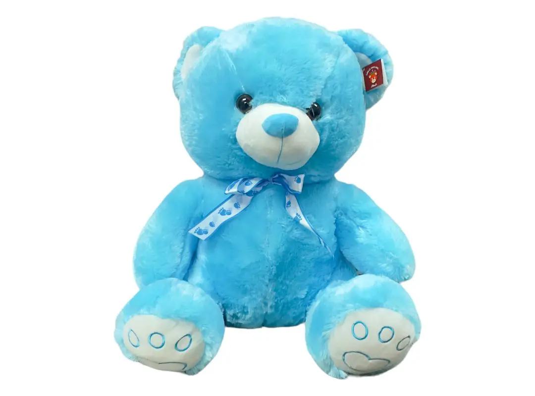 A blue plush teddy bear with a ribbon around its neck on a white background.