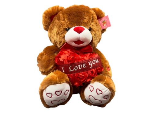 Brown teddy bear holding "I love you" heart.