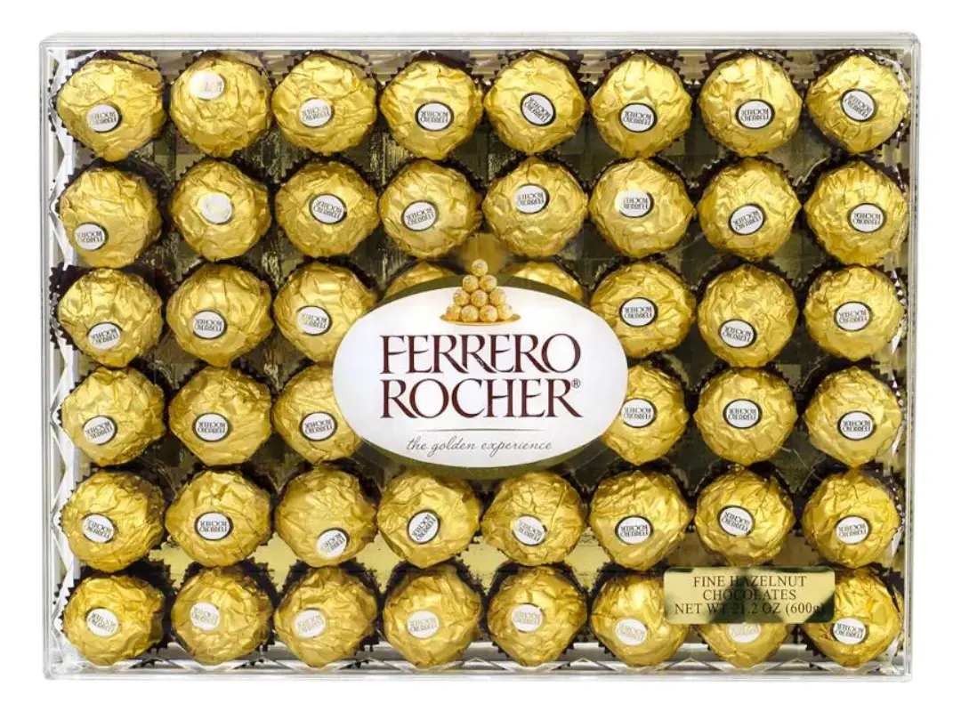 A box of Ferrero Rocher Hazelnut Chocolates arranged neatly in rows.