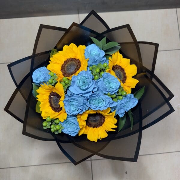 SKY BLUE ROSES AND SUNFLOWERS