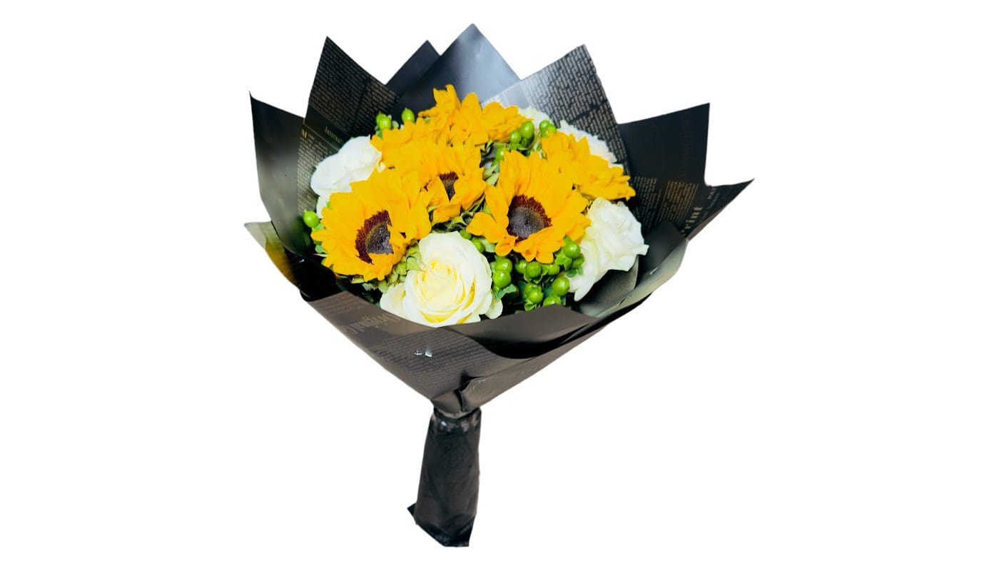 A bouquet of SUNFLOWERS AND WHITE ROSES wrapped in dark paper on a white background.