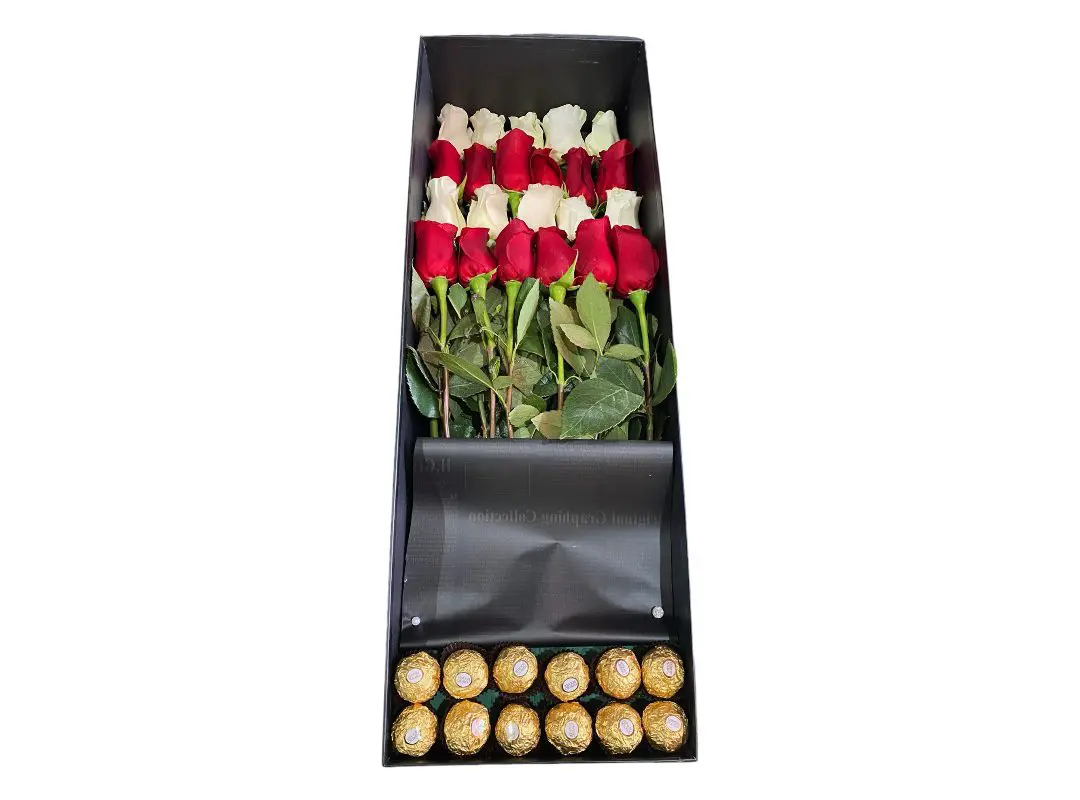 A ROSES AND CHOCOLATES BOX with a layer of chocolate candies at the bottom.