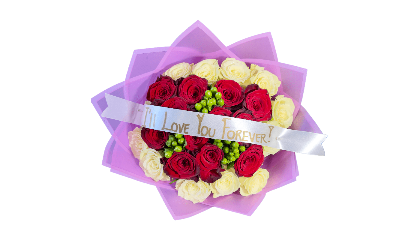 A Red & White Rose Bouquet - Valentines with a ribbon stating "love you forever" on a purple background.