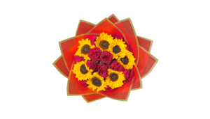 Bouquet of sunflowers and roses arranged on a geometrically patterned background.