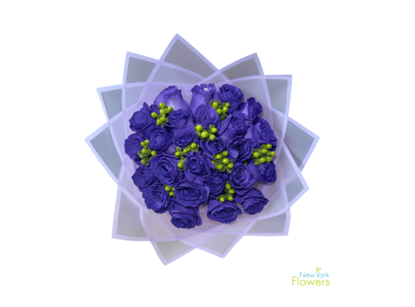 Bouquet of purple roses and green accents wrapped in white paper with "new york flowers" branding.
