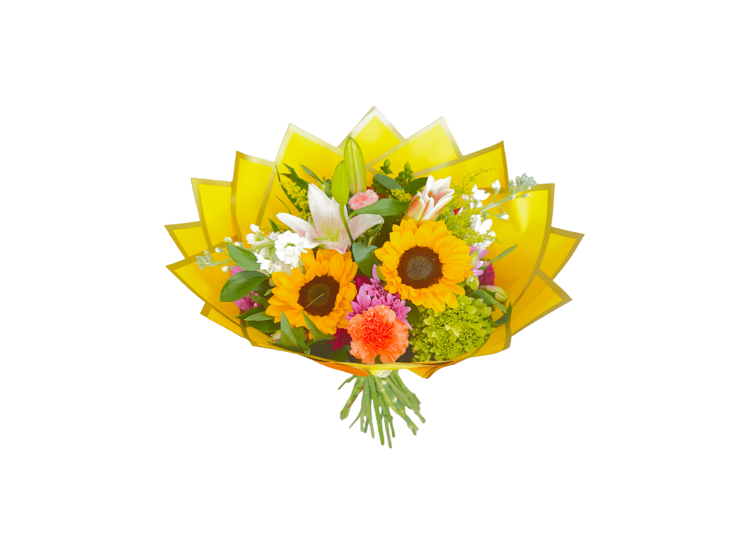 A vibrant bouquet of flowers with sunflowers and assorted blooms wrapped in yellow decorative paper, the SPRING MIX COLOR BOUQUET is sure to brighten up any space.