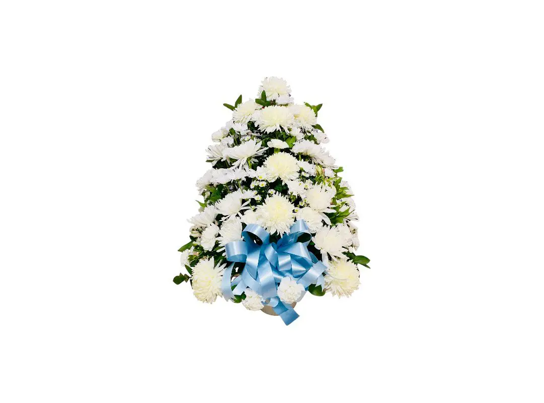 A cone-shaped All White Flowers Sympathy Basket arrangement with white flowers and blue ribbons on a white background.