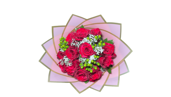 Bouquet of red roses with green filler.