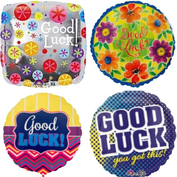 Four good luck balloons with different designs.