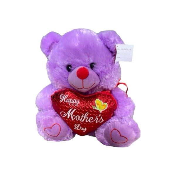 Purple teddy bear holding a happy mother's day heart.