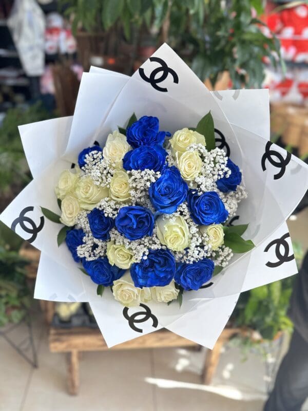 24 Blue & White Rose Bouquet Wrapped